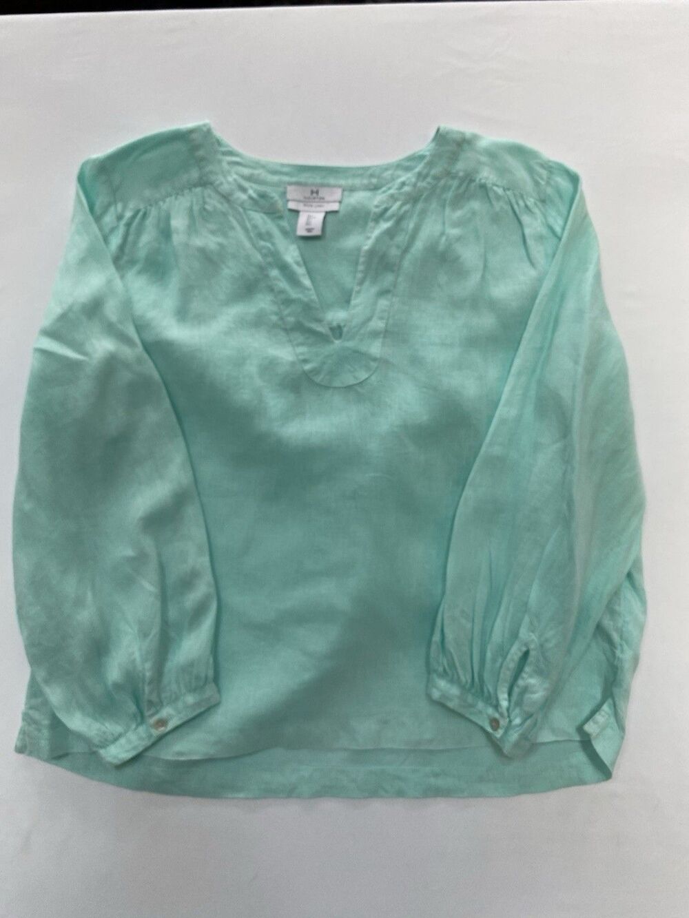 Halston 100% Linen V-Neck Tunic Blouse L Seafoam Green Coastal Grandmother